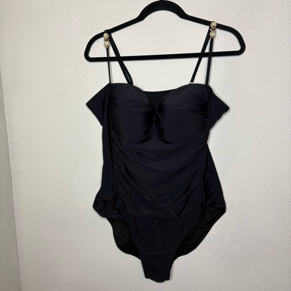 Nicole Miller Black One-Piece Swimsuit with Gold and Ivory Hardware Size 2X